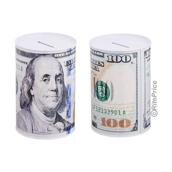 Ben Franklin $100 Bill Money Coin Saver Tin Money Savings 6" Piggy Bank (1 Pack) - Picture 7 of 9